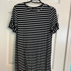 Black and White Striped T-Shirt Dress with Ruffle Sleeves, Size XS